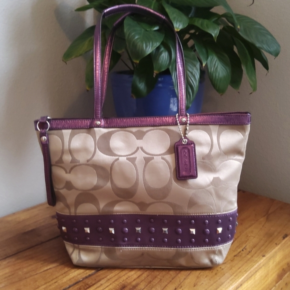 Coach Handbags - Coach Signature Canvas Purple Champagne Silver Studded Tote Handbag